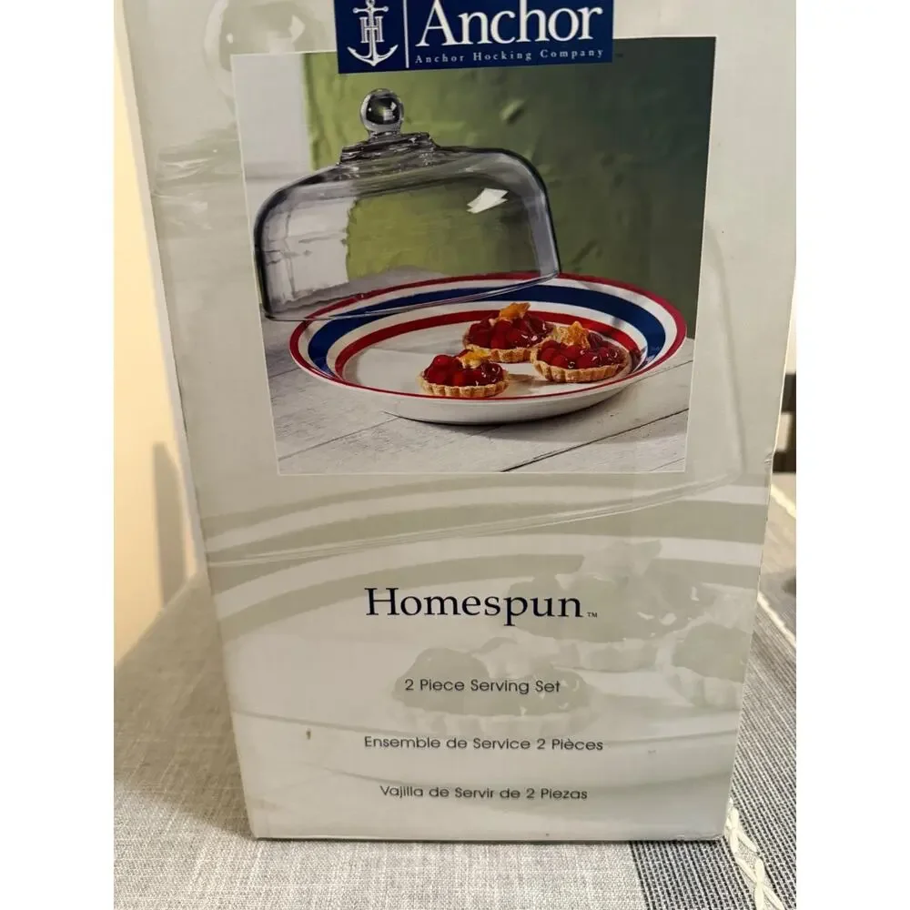 🇺🇸 Anchor Hocking Homespun 2-Piece Serving Set Red White Blue Glass Dome Plate